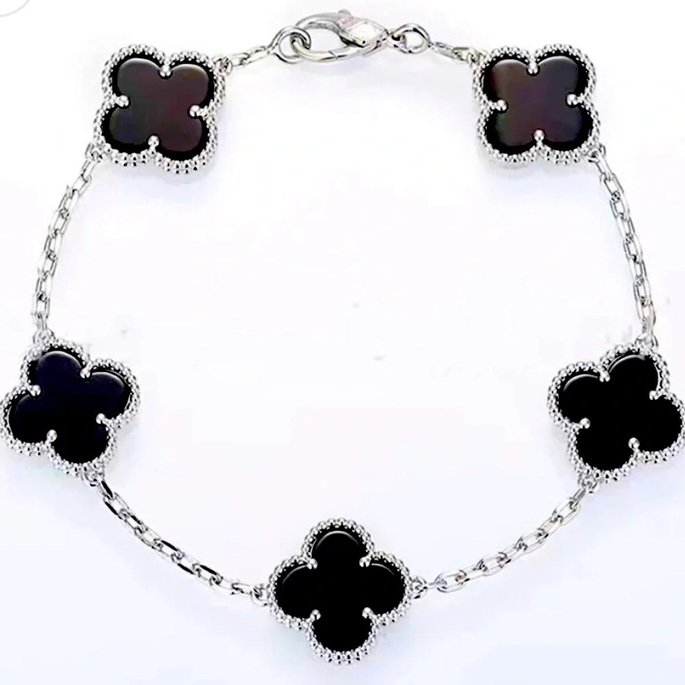Black Onyx 5 Quatrefoil Clover Motif Bracelet